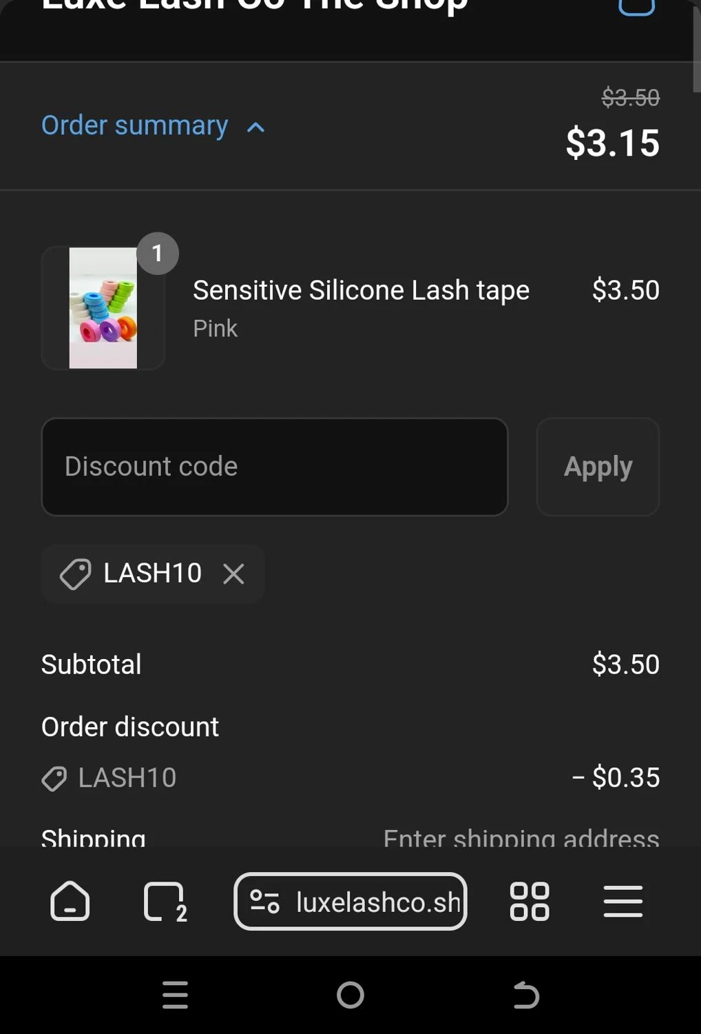 Luxe Lash Co promo code screenshot showing code lash10 applied at Luxe Lash Co checkout page. Uploaded by SimplyCodes community member CouponNavigator9812 on Aug 6, 2025