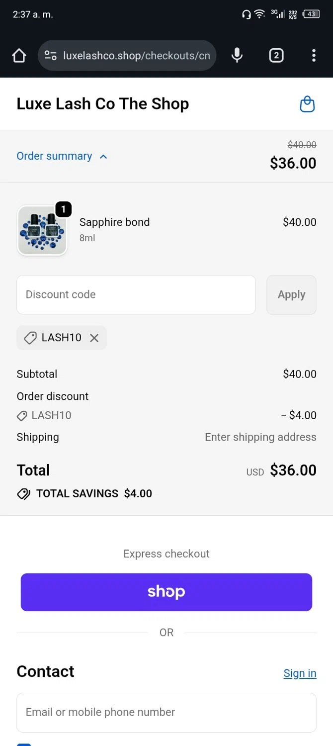 Luxe Lash Co checkout page showing Luxe Lash Co promo code box | Screenshot taken by SimplyCodes community member on Jan 18, 2026