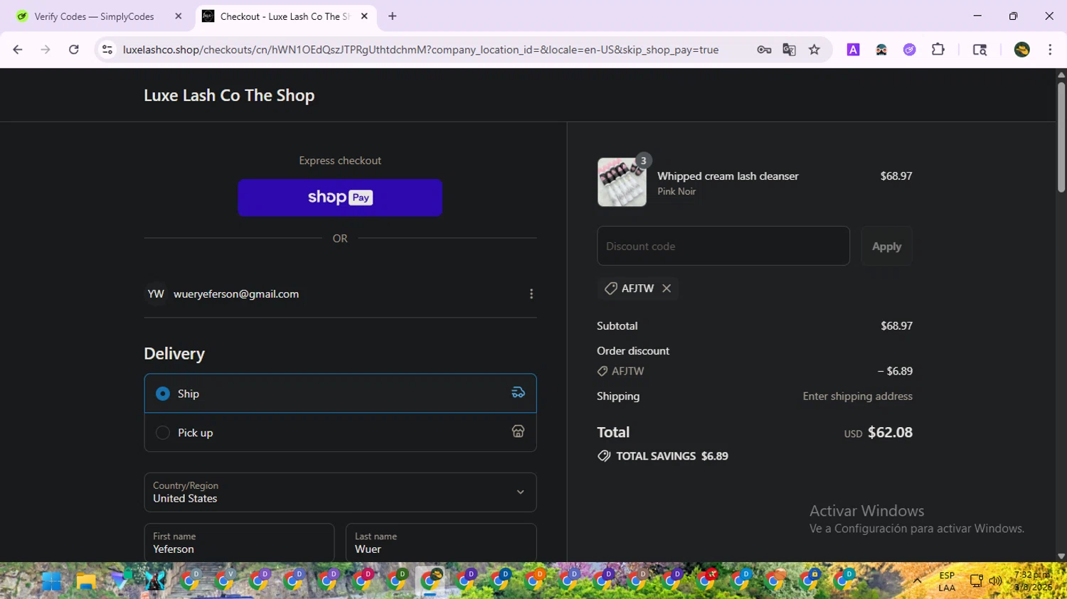 Luxe Lash Co promo code screenshot showing code AFJTW applied at Luxe Lash Co checkout page. Uploaded by SimplyCodes community member RewardNavigator9728 on Aug 3, 2025