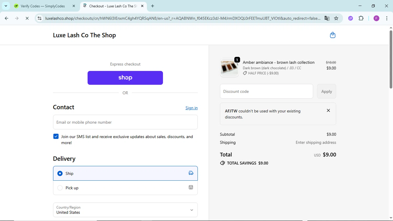 Luxe Lash Co promo code screenshot showing code AFJTW applied at Luxe Lash Co checkout page. Uploaded by SimplyCodes community member ShieldTitan6985 on Dec 23, 2025