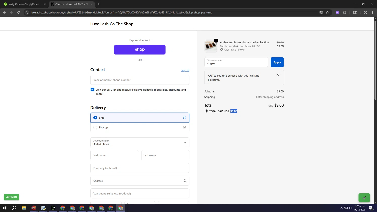 Luxe Lash Co promo code screenshot showing code AFJTW applied at Luxe Lash Co checkout page. Uploaded by SimplyCodes community member wwwwwwwwwwwwwww on Dec 16, 2025
