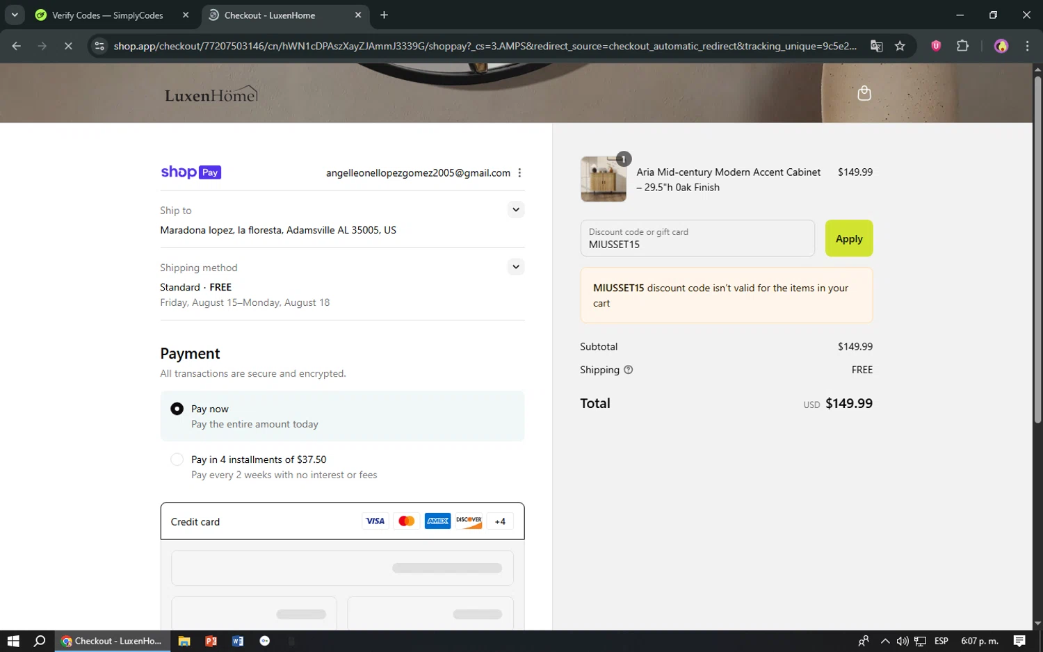 Luxen Home promo code screenshot showing code MIUSSET15 applied at Luxen Home checkout page. Uploaded by SimplyCodes community member TreasureShopper9156 on Aug 9, 2025