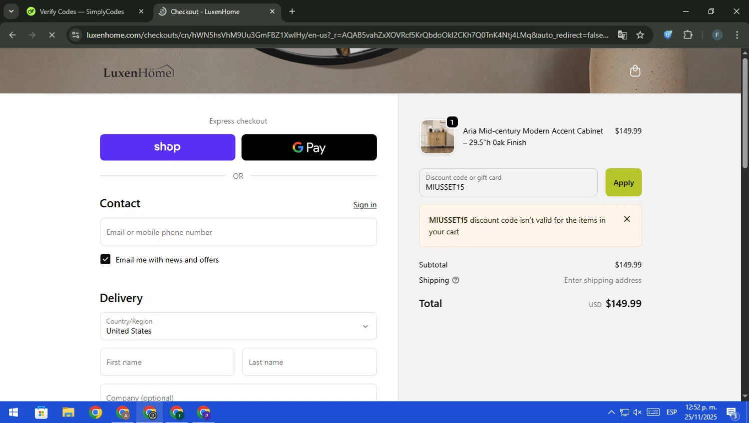 Luxen Home promo code screenshot showing code MIUSSET15 applied at Luxen Home checkout page. Uploaded by SimplyCodes community member pajarito on Nov 25, 2025