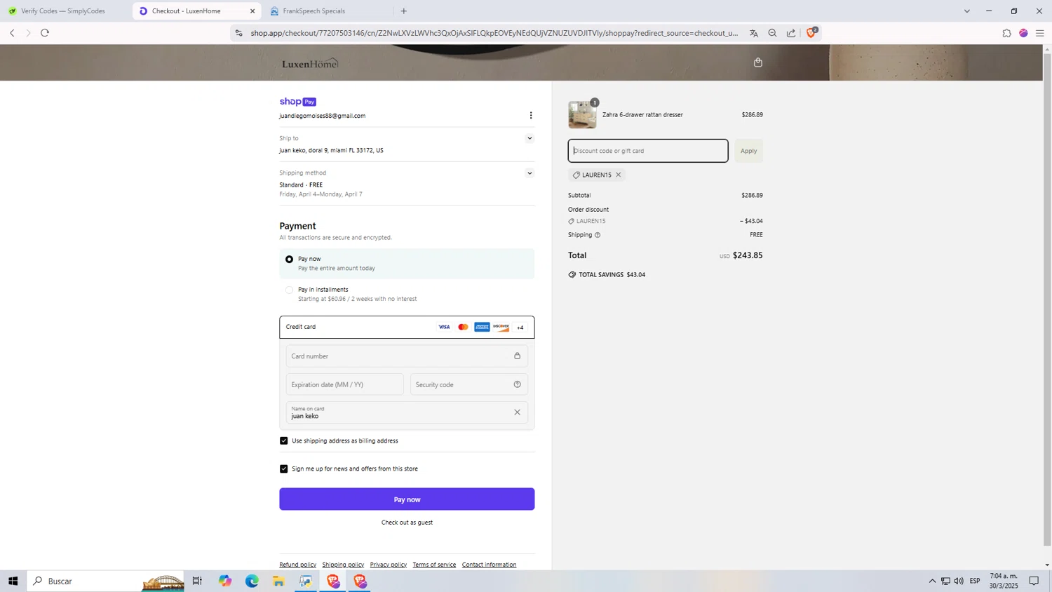 Luxen Home promo code screenshot showing code LAUREN15 applied at Luxen Home checkout page. Uploaded by SimplyCodes community member NARUTO_UZUMAKIsx on Mar 30, 2025