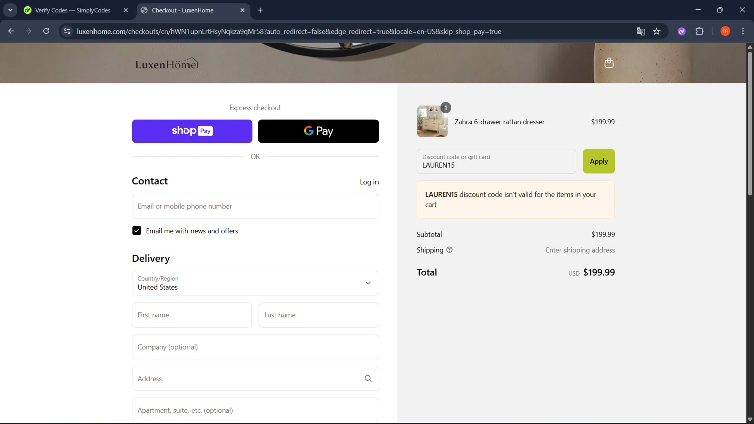 Luxen Home promo code screenshot showing code LAUREN15 applied at Luxen Home checkout page. Uploaded by SimplyCodes community member PromoMonarch895 on Aug 17, 2025