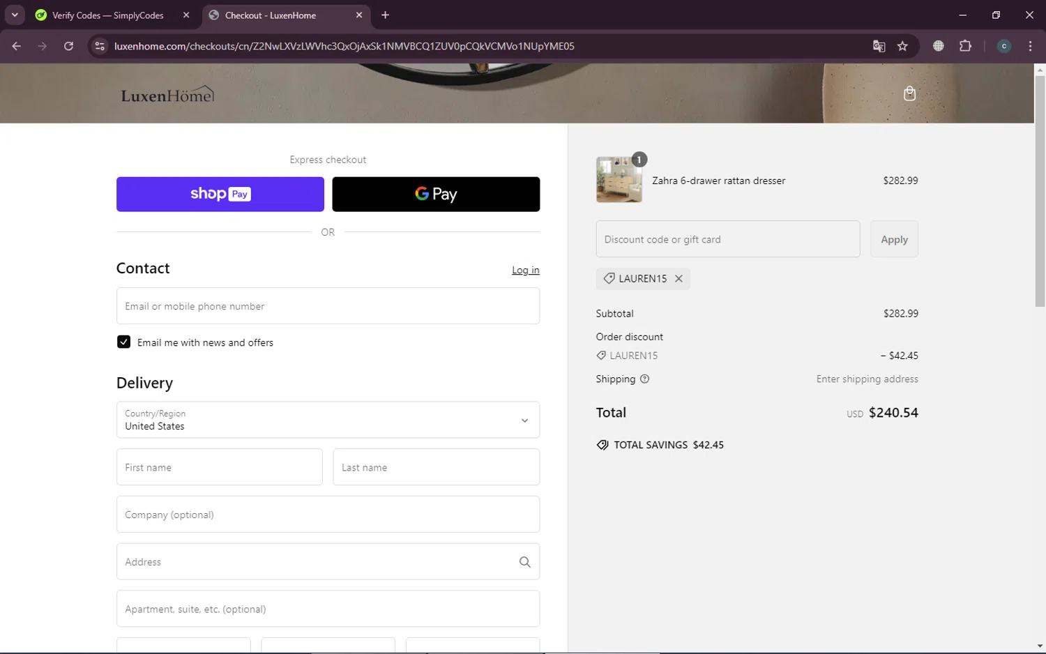 Luxen Home promo code screenshot showing code LAUREN15 applied at Luxen Home checkout page. Uploaded by SimplyCodes community member TokenTiger248 on Feb 21, 2025