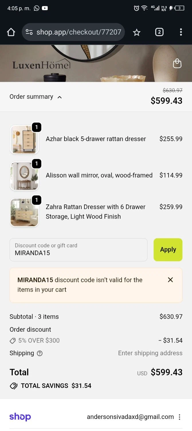 Luxen Home promo code screenshot showing code MIRANDA15 applied at Luxen Home checkout page. Uploaded by SimplyCodes community member Xx_Cogeburras3000_xX on Nov 30, 2025