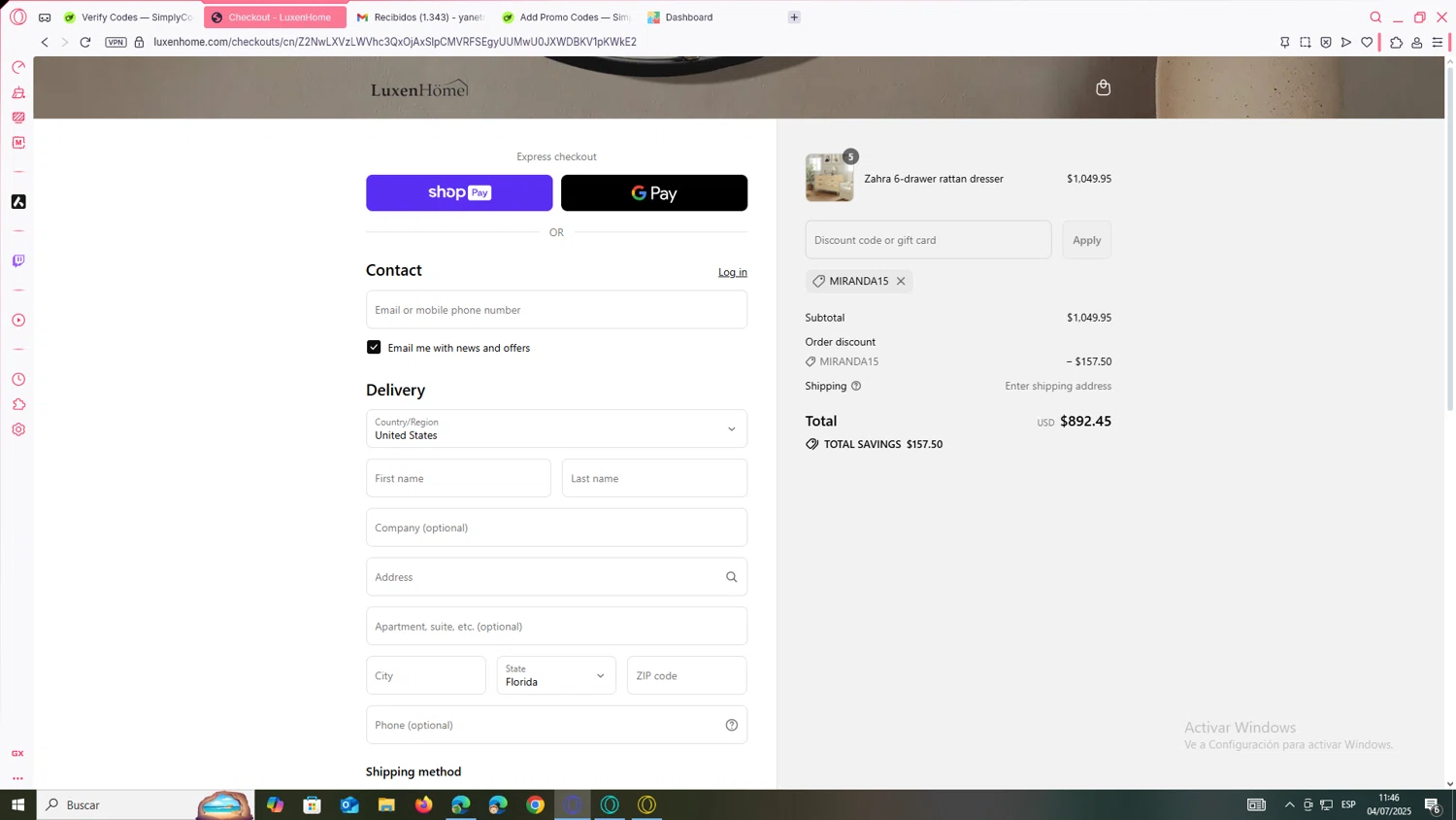 Luxen Home promo code screenshot showing code MIRANDA15 applied at Luxen Home checkout page. Uploaded by SimplyCodes community member yanetrod on Jul 4, 2025