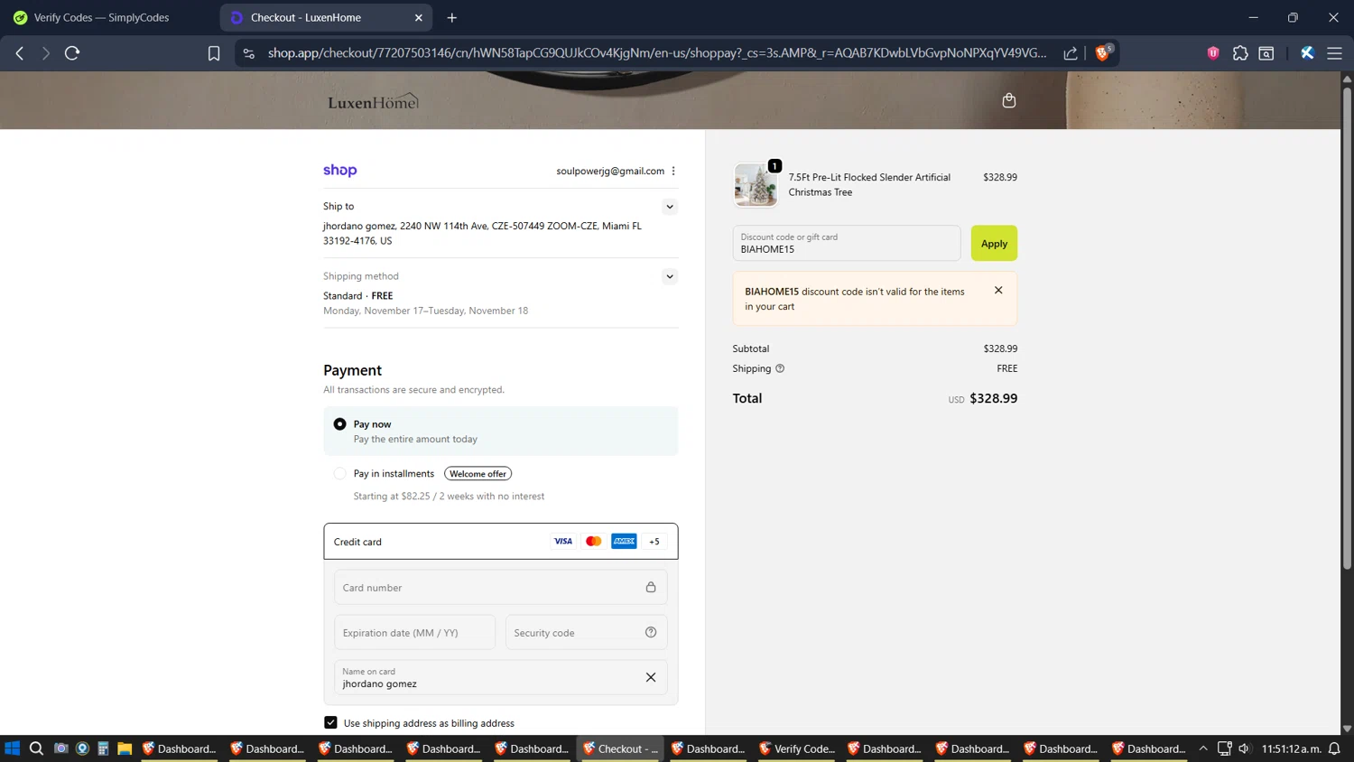 Luxen Home promo code screenshot showing code BIAHOME15 applied at Luxen Home checkout page. Uploaded by SimplyCodes community member TreasureExpert3303 on Nov 10, 2025