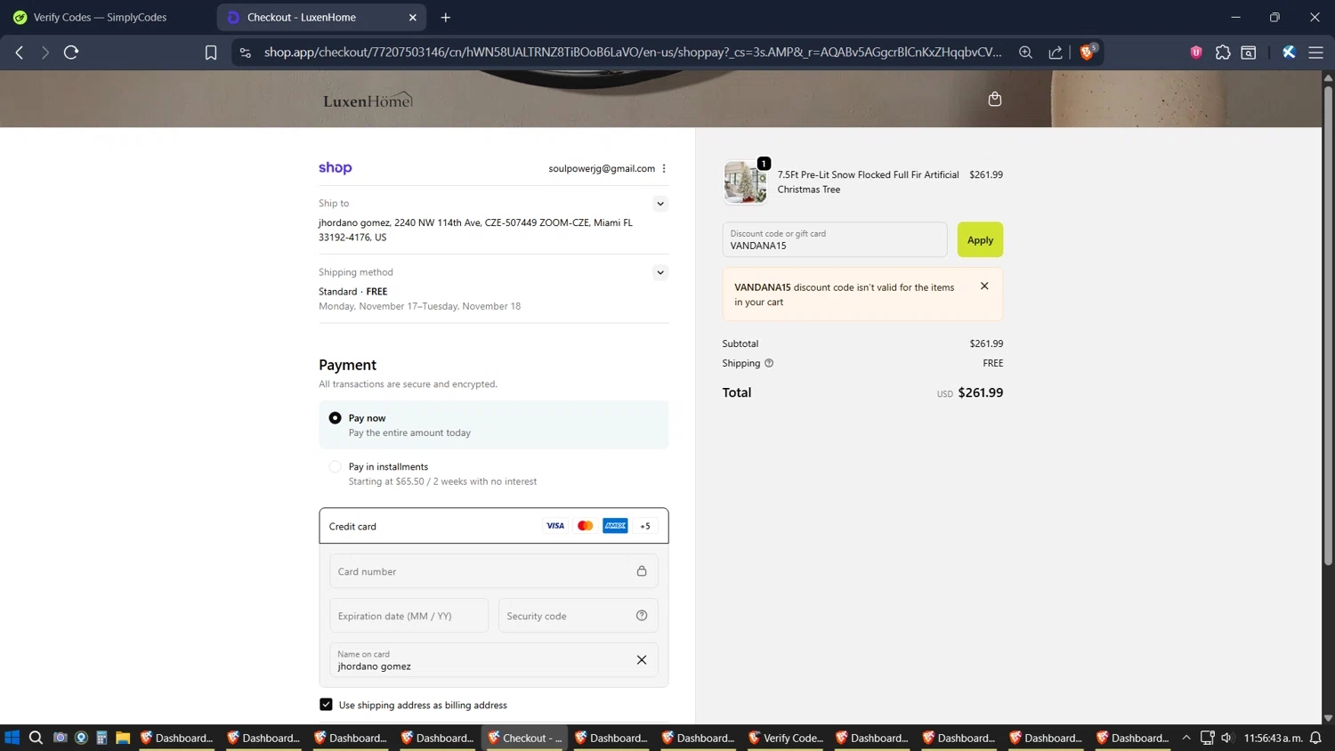 Luxen Home promo code screenshot showing code VANDANA15 applied at Luxen Home checkout page. Uploaded by SimplyCodes community member SoulPower on Nov 10, 2025