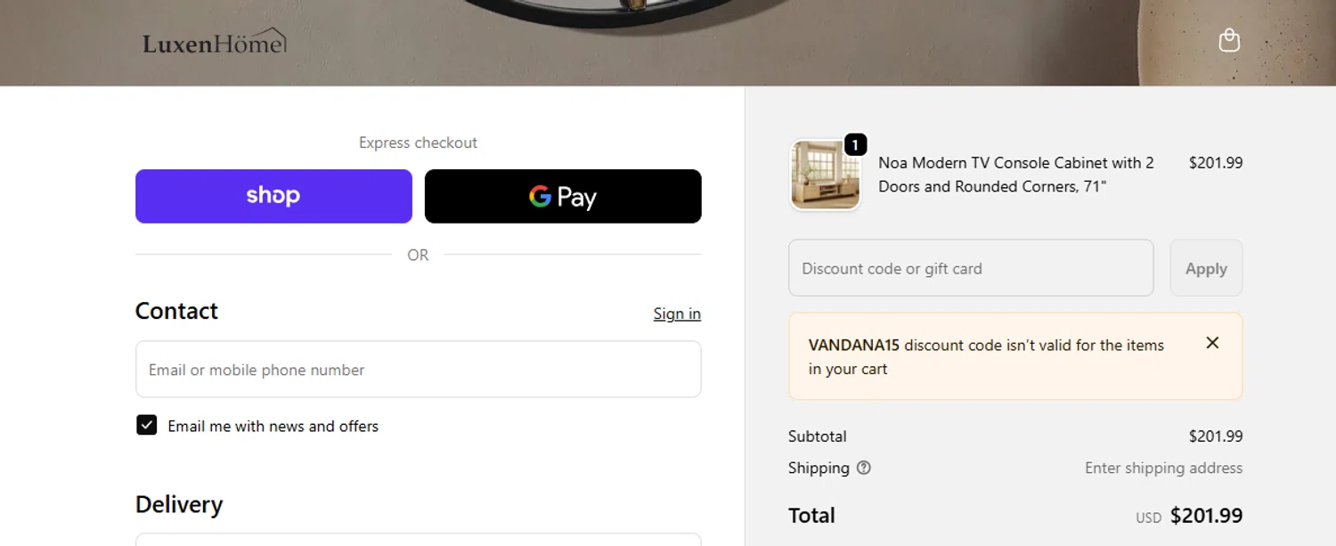 Luxen Home promo code screenshot showing code VANDANA15 applied at Luxen Home checkout page. Uploaded by SimplyCodes community member ashe1986 on Nov 10, 2025