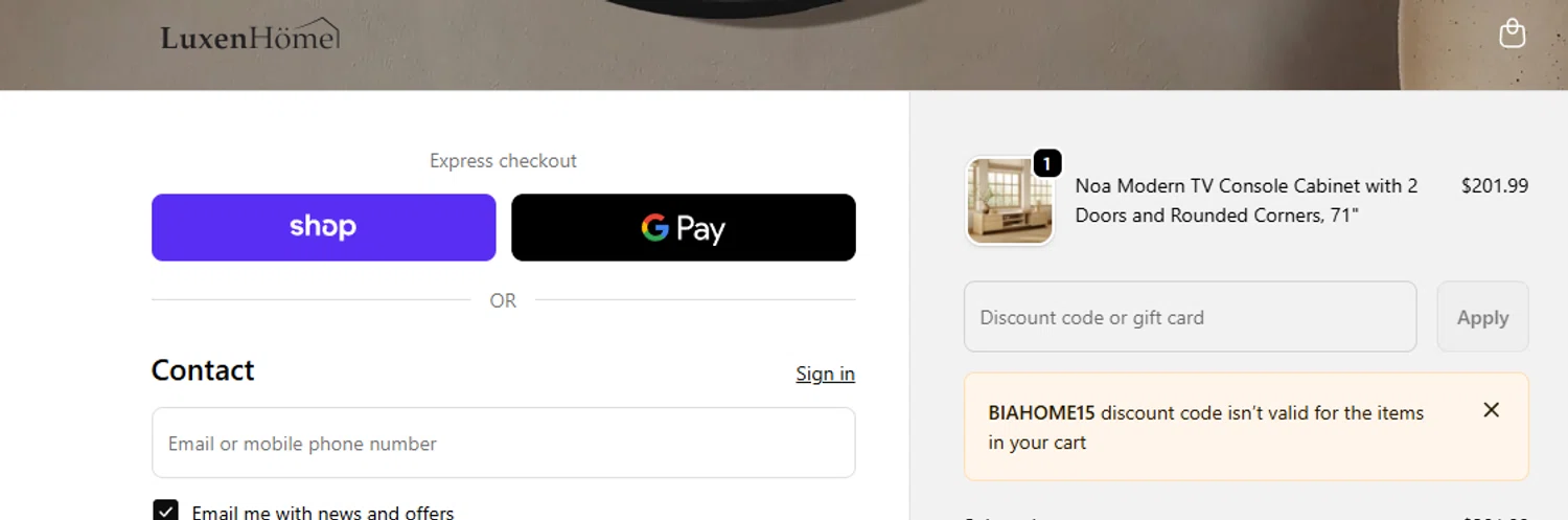 Luxen Home promo code screenshot showing code BIAHOME15 applied at Luxen Home checkout page. Uploaded by SimplyCodes community member ashe1986 on Nov 10, 2025