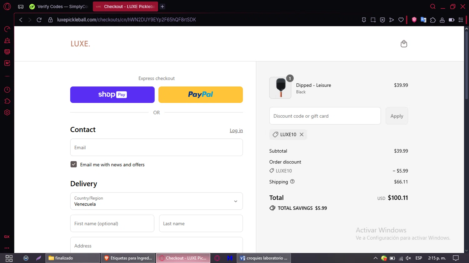 LUXE Pickleball discount code screenshot showing code LUXE10 applied at LUXE Pickleball checkout page. Uploaded by SimplyCodes community member CleverMaven2889 on Aug 25, 2025