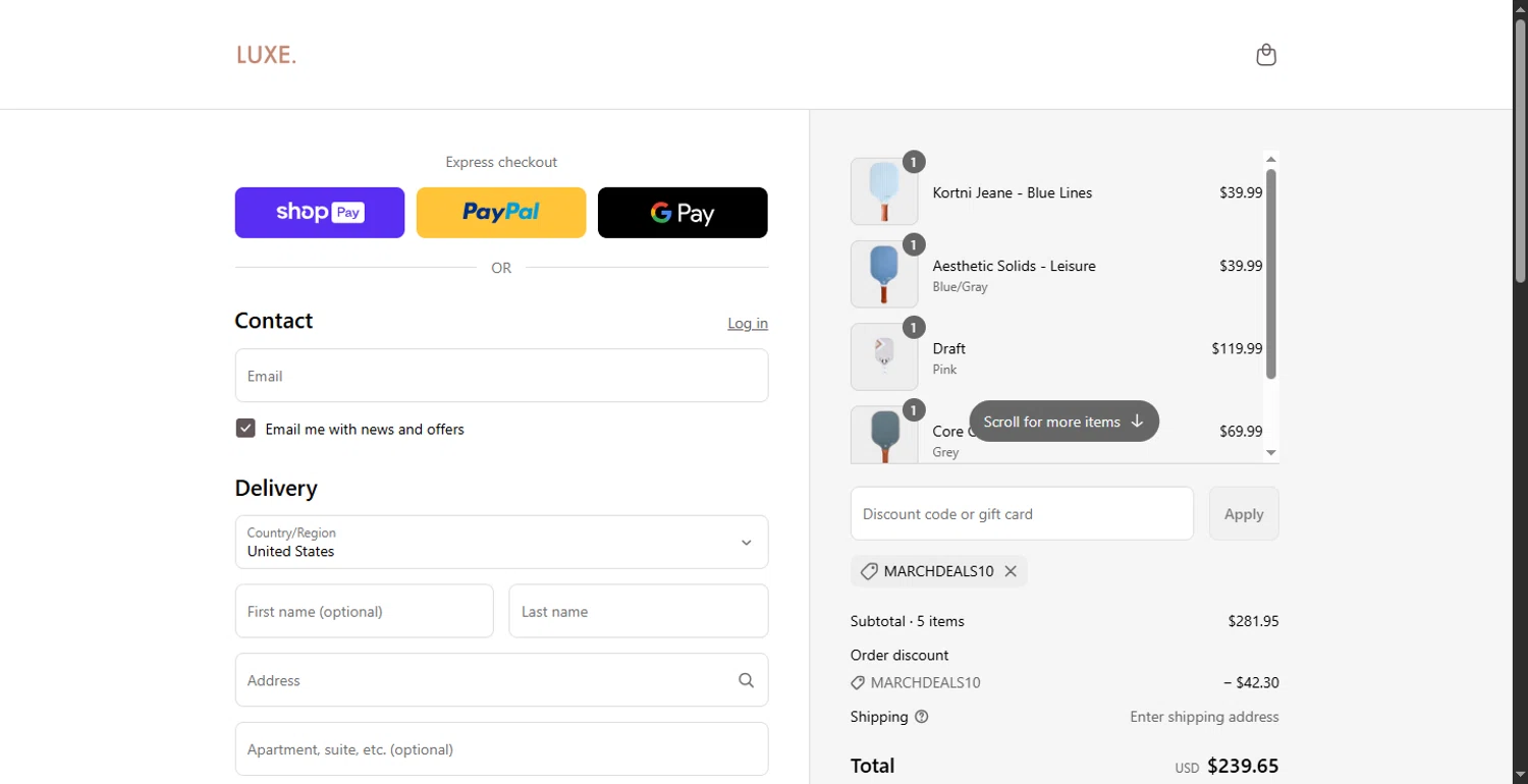 LUXE Pickleball discount code screenshot showing code MARCHDEALS10 applied at LUXE Pickleball checkout page. Uploaded by SimplyCodes community member CodeFinder699 on Jun 24, 2025