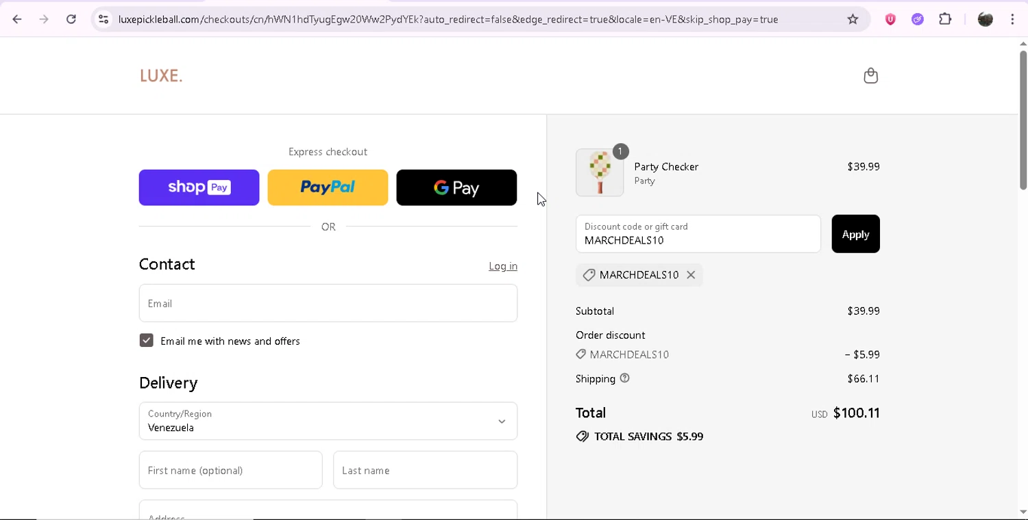 LUXE Pickleball discount code screenshot showing code MARCHDEALS10 applied at LUXE Pickleball checkout page. Uploaded by SimplyCodes community member JASTIFY on Aug 12, 2025