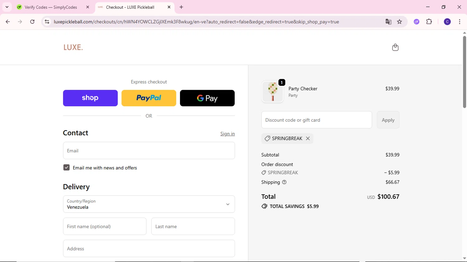 LUXE Pickleball discount code screenshot showing code SPRINGBREAK applied at LUXE Pickleball checkout page. Uploaded by SimplyCodes community member MoneyWizard2699 on Oct 26, 2025
