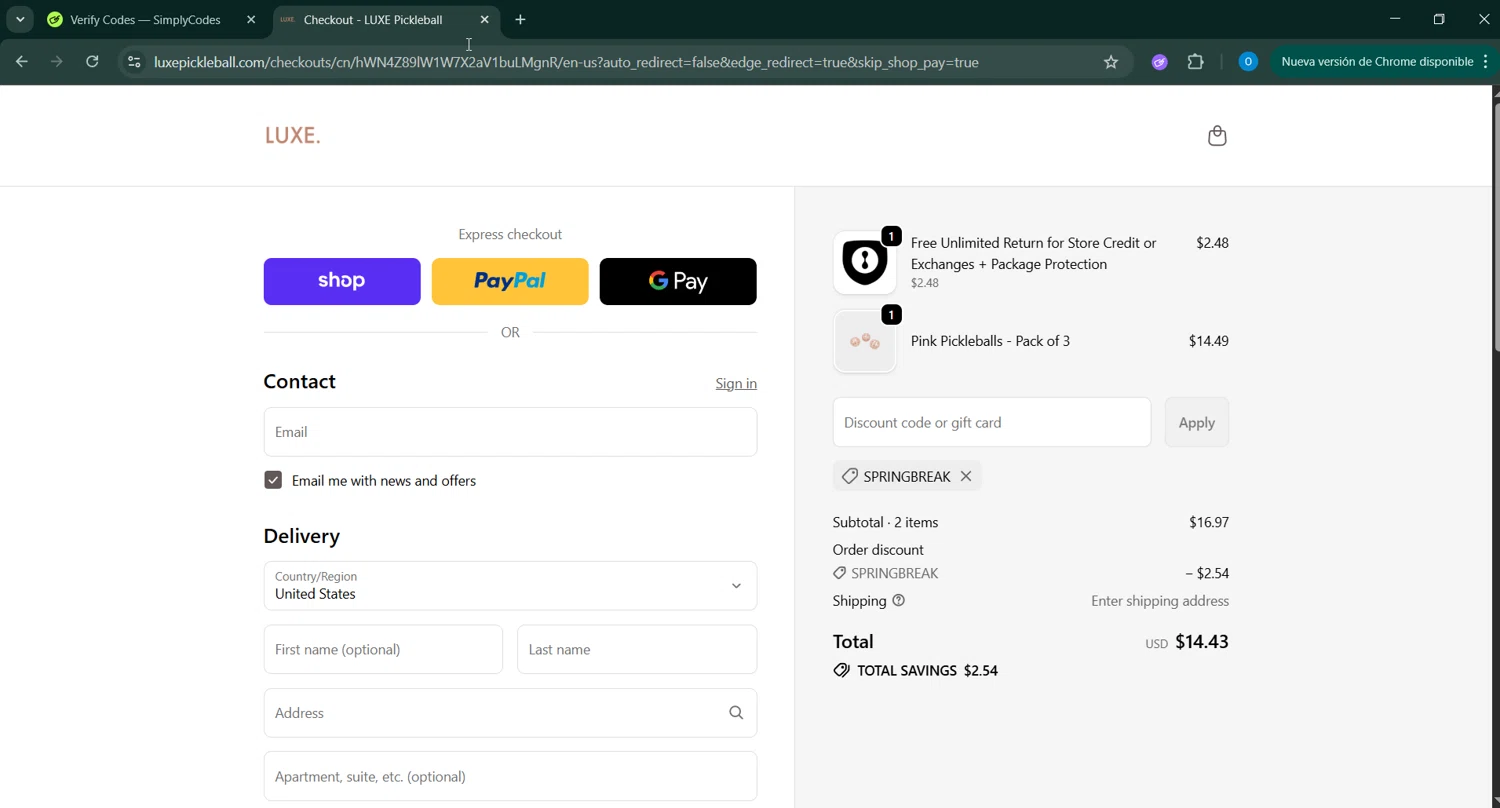 LUXE Pickleball discount code screenshot showing code SPRINGBREAK applied at LUXE Pickleball checkout page. Uploaded by SimplyCodes community member RoyalSage9159 on Oct 26, 2025