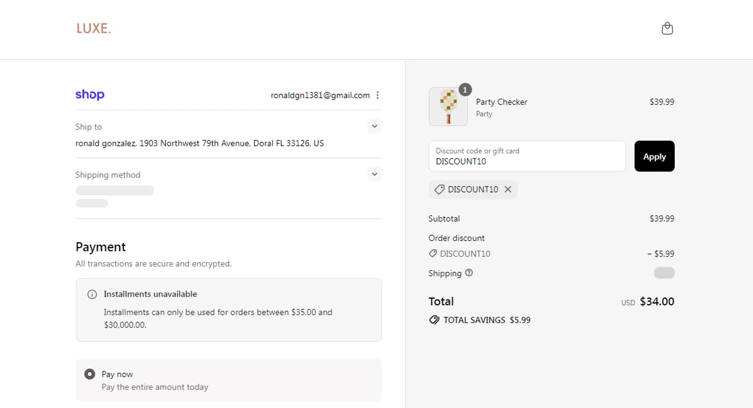 LUXE Pickleball discount code screenshot showing code DISCOUNT10 applied at LUXE Pickleball checkout page. Uploaded by SimplyCodes community member SmartSaver7916 on Sep 3, 2025