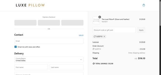 Luxe Pillow checkout page showing Luxe Pillow discount code box | Screenshot taken by SimplyCodes community member on Jun 23, 2025