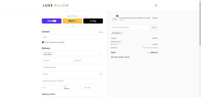 Luxe Pillow checkout page showing Luxe Pillow discount code box | Screenshot taken by SimplyCodes community member on Jun 19, 2025