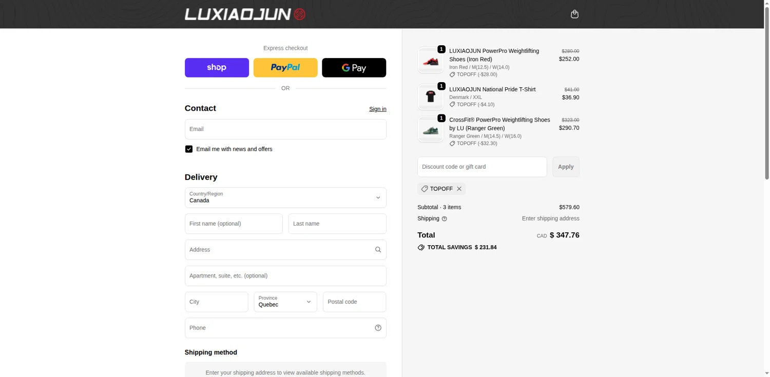 LUXIAOJUN discount code screenshot showing code topoff applied at LUXIAOJUN checkout page. Uploaded by SimplyCodes community member LOgoter on Dec 22, 2025
