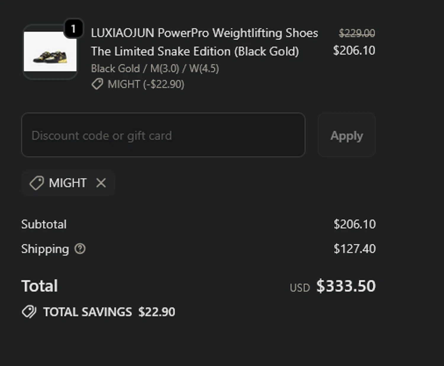 LUXIAOJUN discount code screenshot showing code MIGHT applied at LUXIAOJUN checkout page. Uploaded by SimplyCodes community member xocelot44x on Nov 14, 2025
