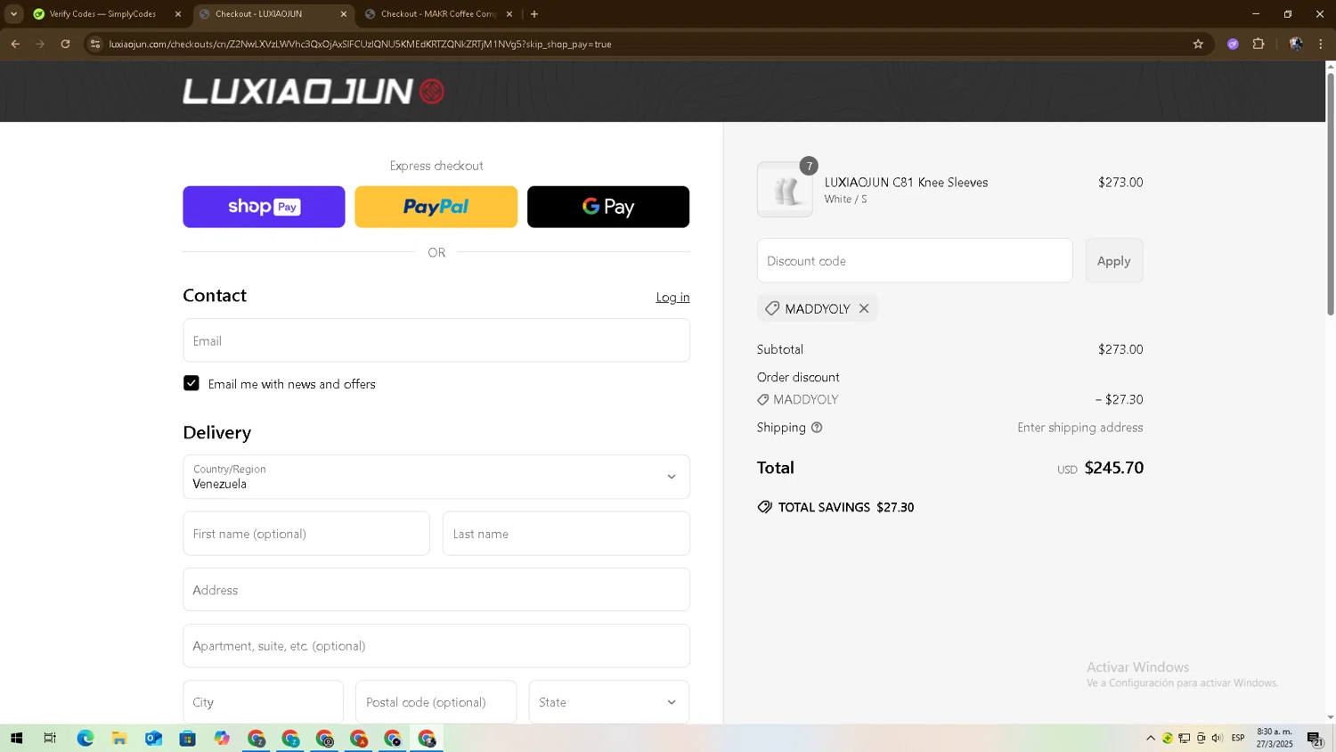 LUXIAOJUN discount code screenshot showing code MADDYOLY applied at LUXIAOJUN checkout page. Uploaded by SimplyCodes community member 27zxbr on Mar 27, 2025