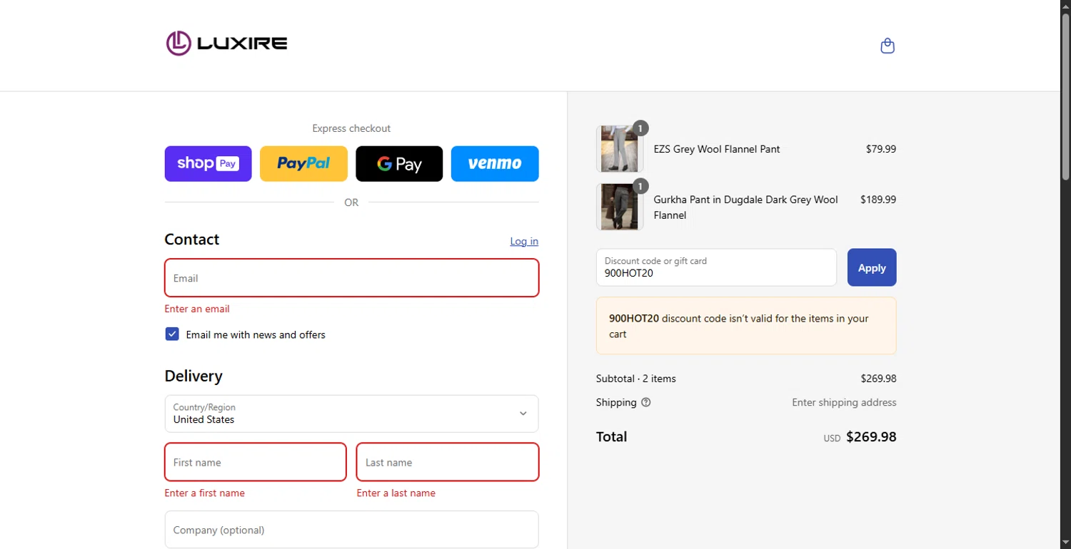 Luxire discount code screenshot showing code 900HOT20 applied at Luxire checkout page. Uploaded by SimplyCodes community member CodeFinder699 on Jul 12, 2025