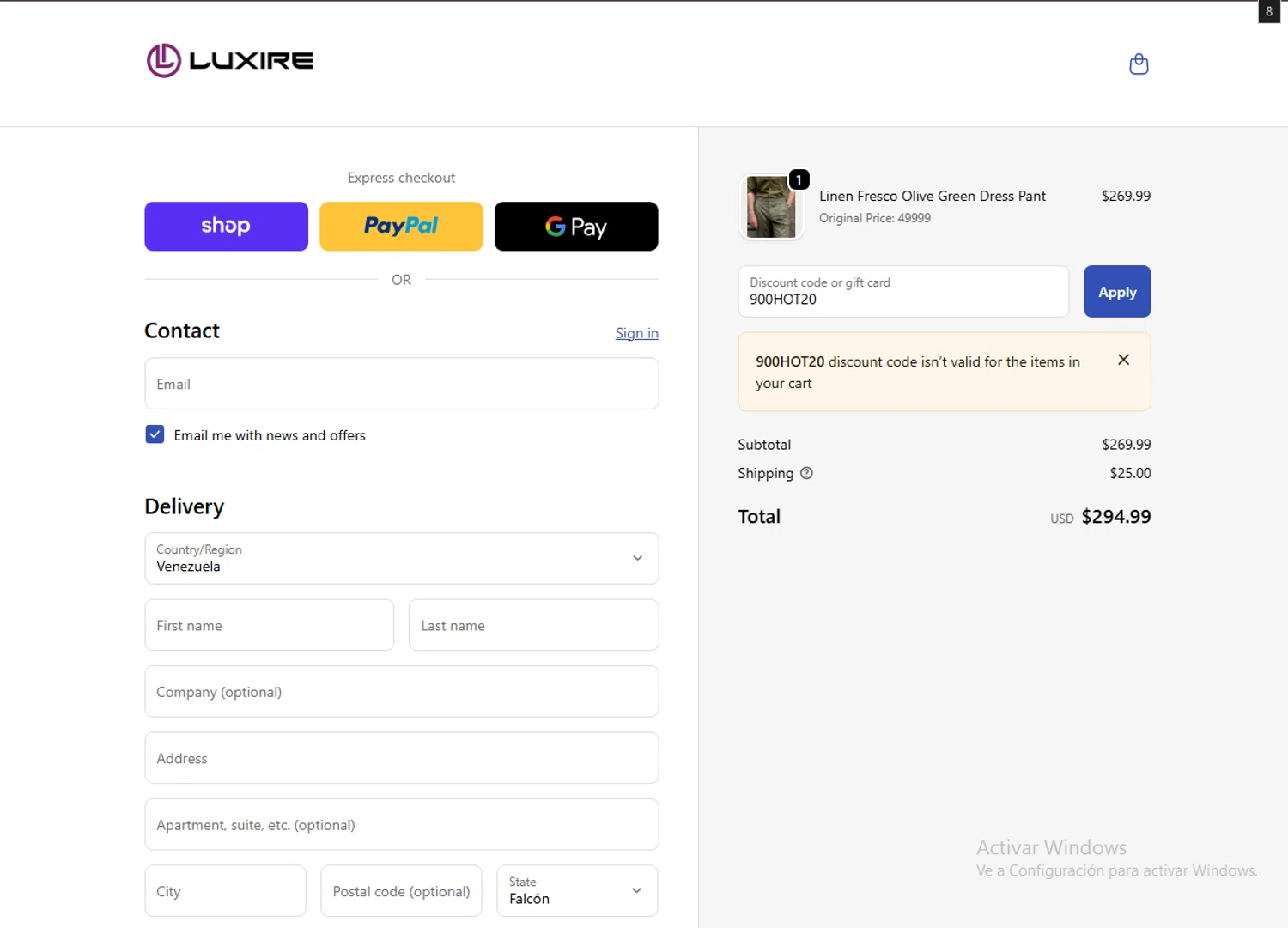 Luxire discount code screenshot showing code 900HOT20 applied at Luxire checkout page. Uploaded by SimplyCodes community member SavvyAdmiral5612 on Nov 29, 2025