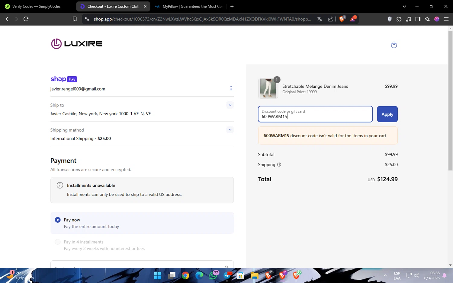 Luxire discount code screenshot showing code 600WARM15 applied at Luxire checkout page. Uploaded by SimplyCodes community member JavinhoSantos on Mar 6, 2025