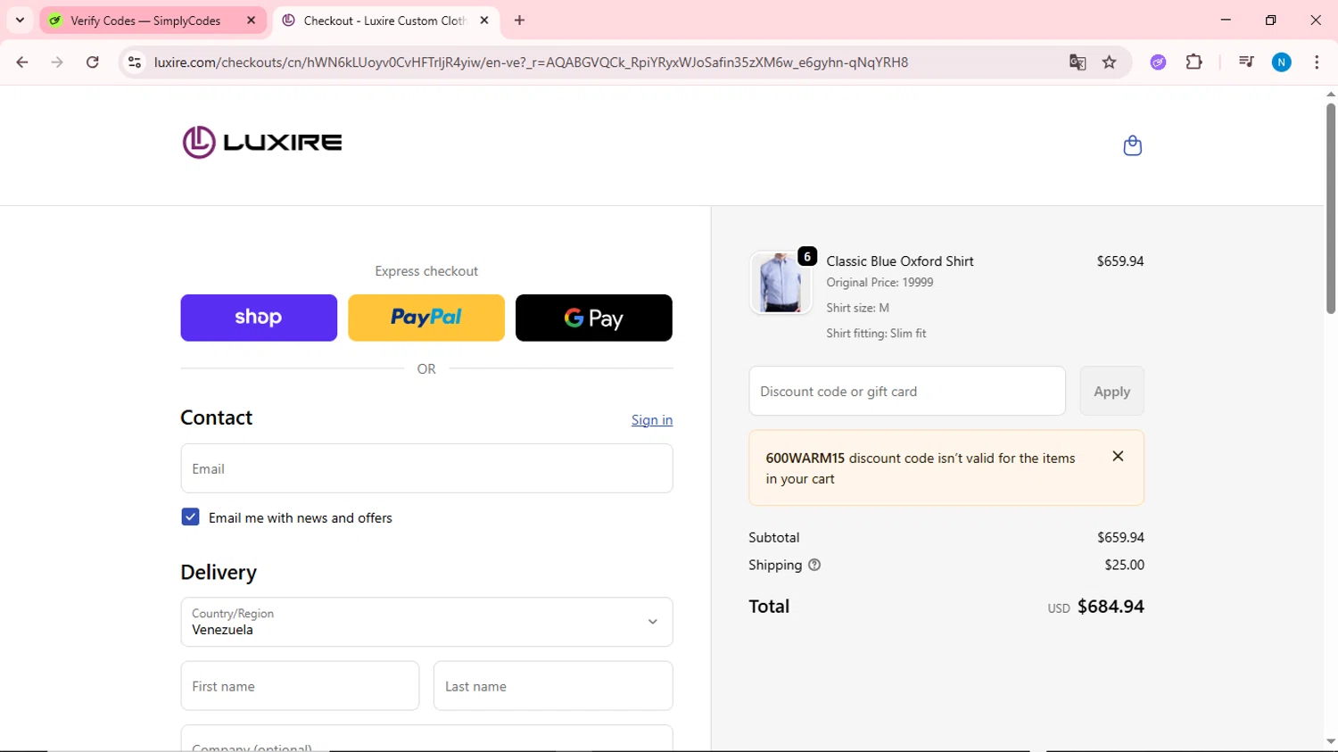 Luxire discount code screenshot showing code 600WARM15 applied at Luxire checkout page. Uploaded by SimplyCodes community member QuestOwl6398 on Dec 23, 2025