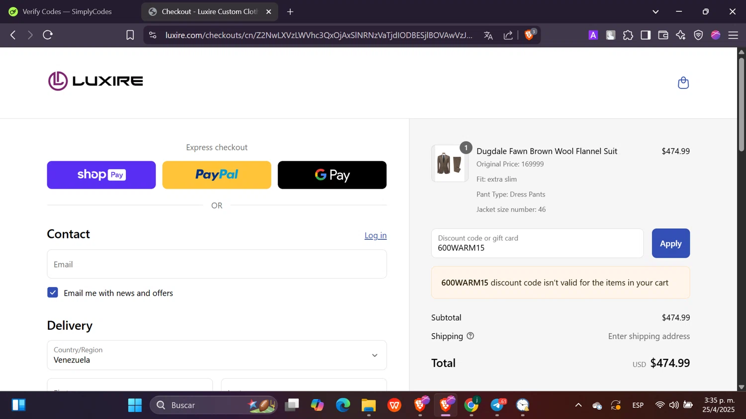 Luxire discount code screenshot showing code 600WARM15 applied at Luxire checkout page. Uploaded by SimplyCodes community member Toji_fushiguro on Apr 25, 2025