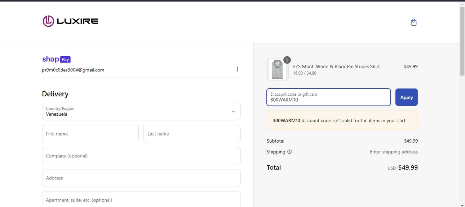 Luxire discount code screenshot showing code 300WARM10 applied at Luxire checkout page. Uploaded by SimplyCodes community member JakePerrox on Mar 6, 2025