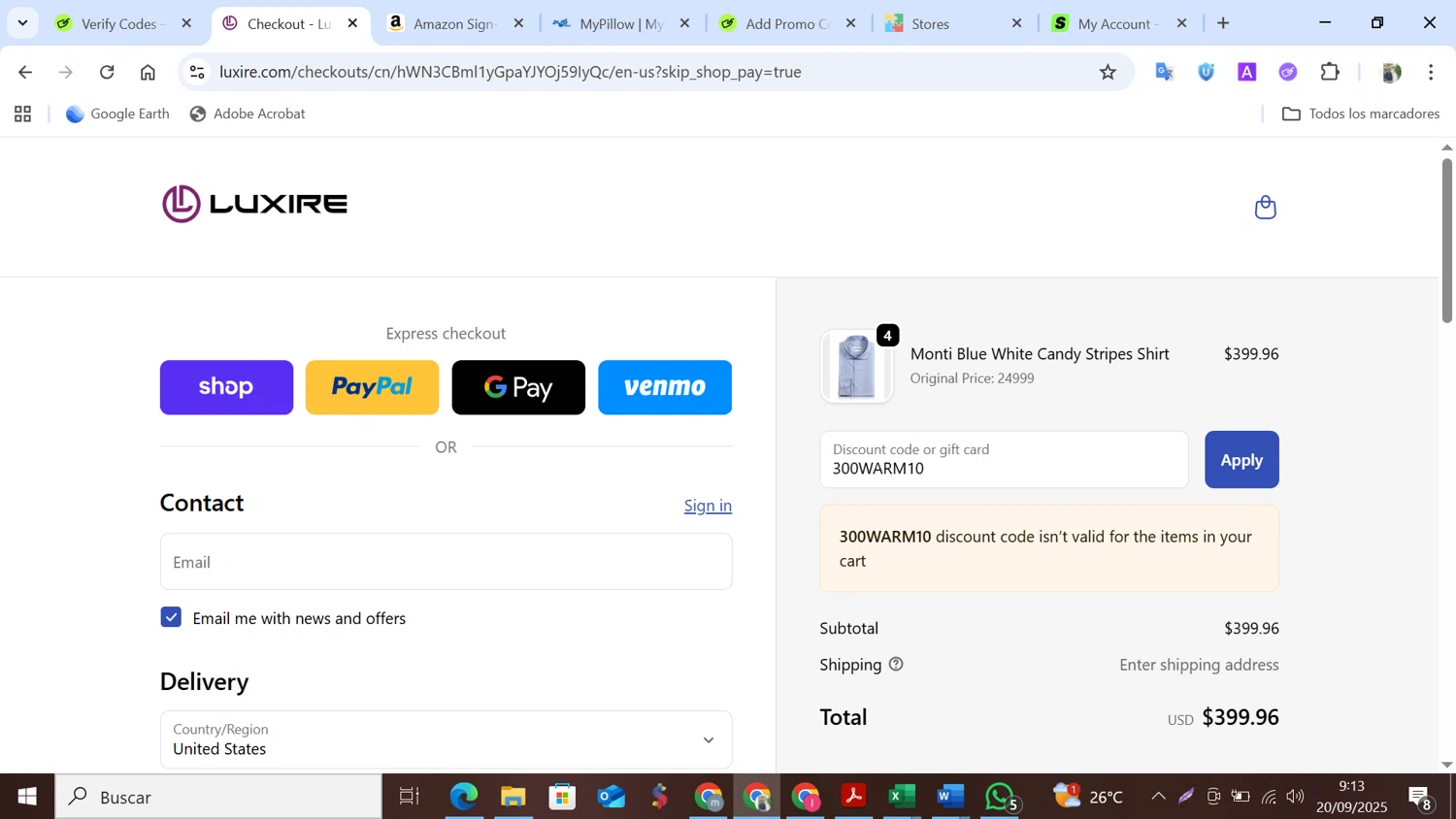 Luxire discount code screenshot showing code 300WARM10 applied at Luxire checkout page. Uploaded by SimplyCodes community member NobleMonarch5837 on Sep 20, 2025