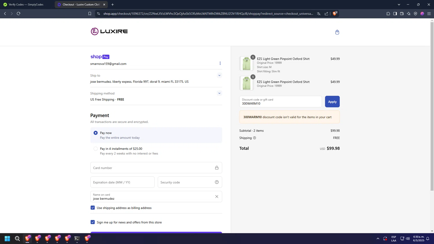Luxire discount code screenshot showing code 300WARM10 applied at Luxire checkout page. Uploaded by SimplyCodes community member diosgreed2030 on Mar 6, 2025