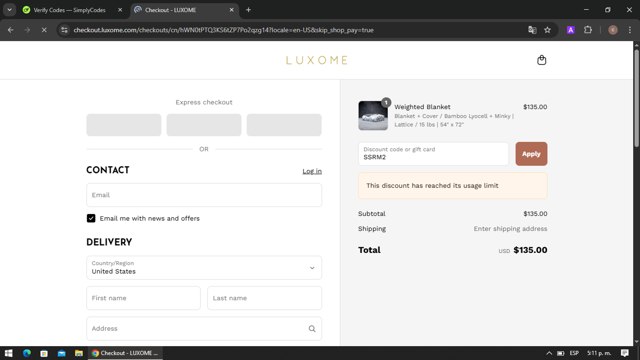 Luxome checkout page showing Luxome discount code box | Screenshot taken by SimplyCodes community member on Jul 21, 2025