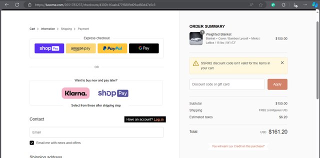 Luxome checkout page showing Luxome discount code box | Screenshot taken by SimplyCodes community member on Mar 10, 2024