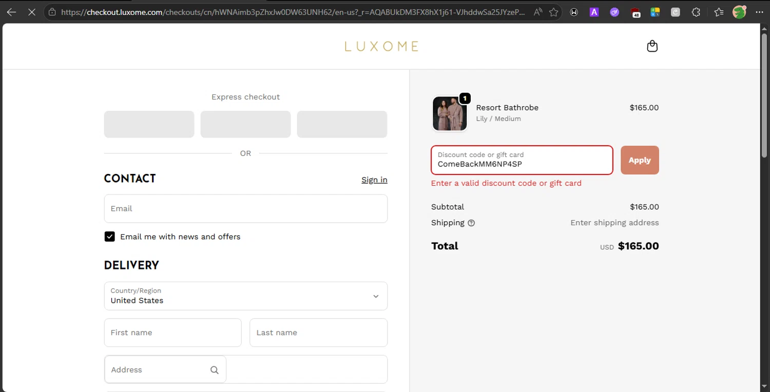 Luxome promo code screenshot showing code ComeBackMM6NP4SP applied at Luxome checkout page. Uploaded by SimplyCodes community member PrincessCoupon on Apr 6, 2026
