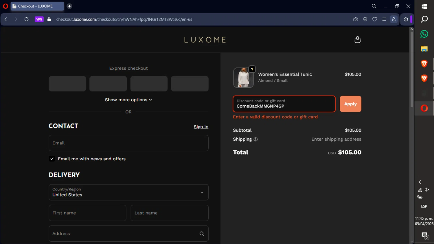 Luxome promo code screenshot showing code ComeBackMM6NP4SP applied at Luxome checkout page. Uploaded by SimplyCodes community member xXdevoragoticas69Xx on Apr 6, 2026