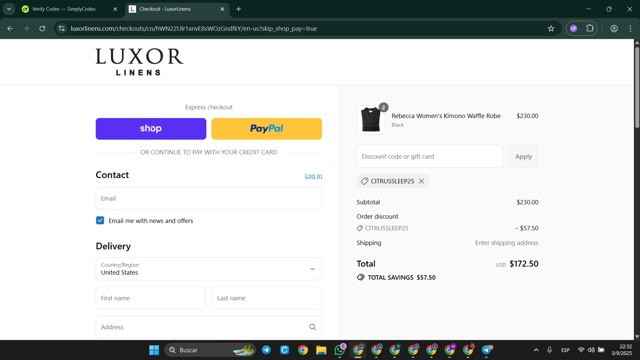 Luxor Linens checkout page showing Luxor Linens promo code box | Screenshot taken by SimplyCodes community member on Sep 4, 2025