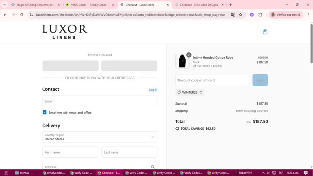 Luxor Linens checkout page showing Luxor Linens promo code box | Screenshot taken by SimplyCodes community member on Sep 4, 2025