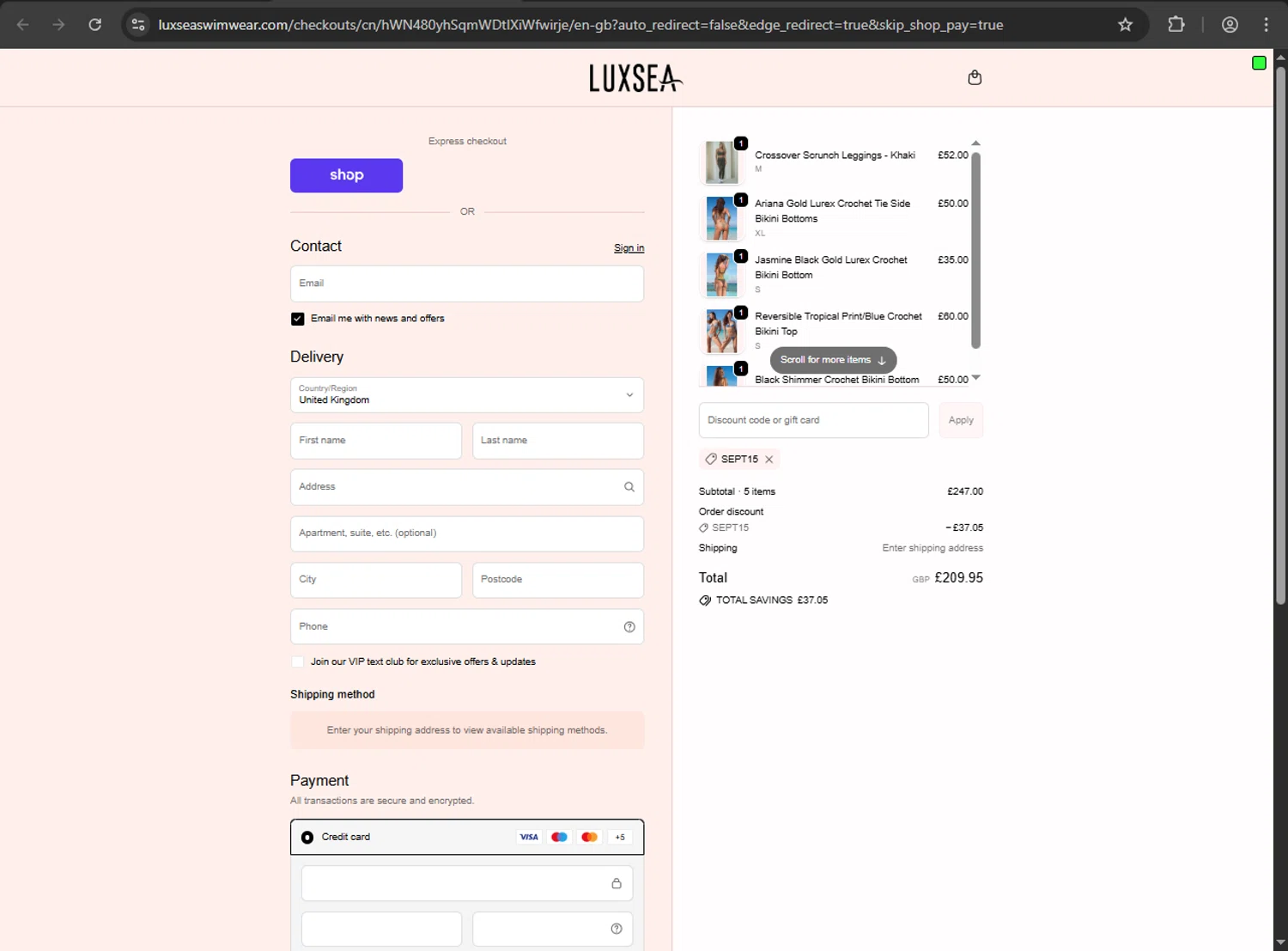 Luxsea Swimwear discount code screenshot showing code SEPT15 applied at Luxsea Swimwear checkout page. Uploaded by SimplyCodes community member Aljondris97 on Oct 15, 2025