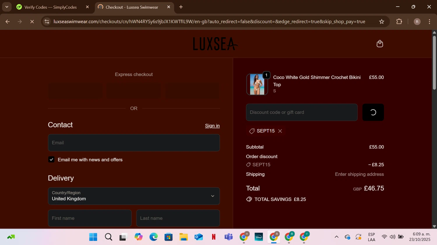 Luxsea Swimwear discount code screenshot showing code SEPT15 applied at Luxsea Swimwear checkout page. Uploaded by SimplyCodes community member CashScout2884 on Oct 23, 2025