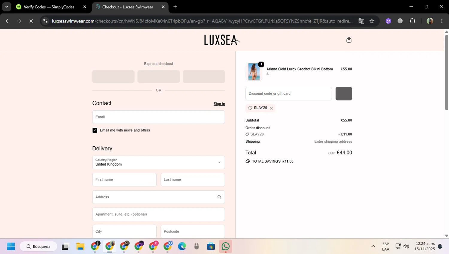 Luxsea Swimwear discount code screenshot showing code SLAY20 applied at Luxsea Swimwear checkout page. Uploaded by SimplyCodes community member MoneySentinel7597 on Nov 15, 2025