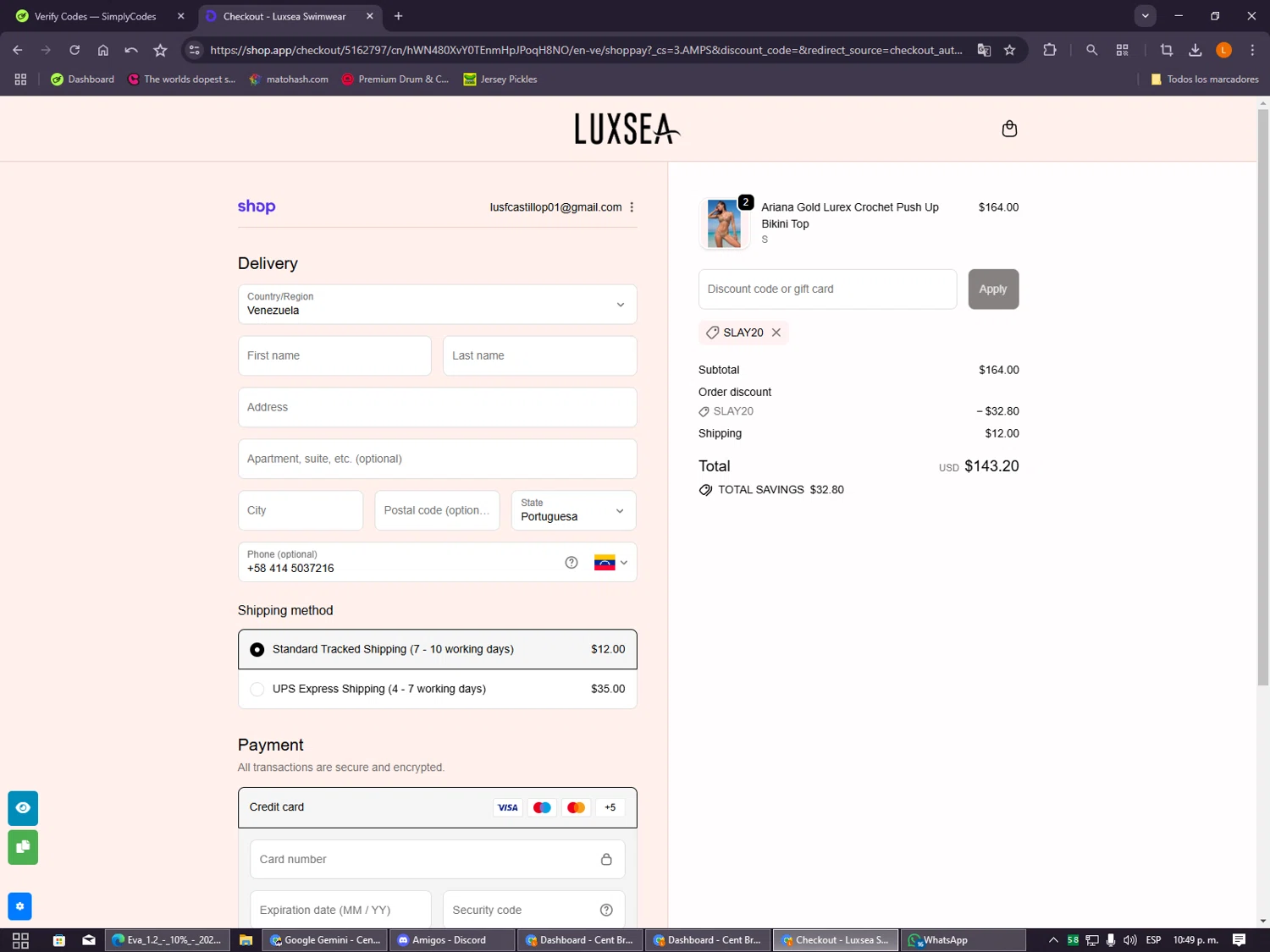 Luxsea Swimwear discount code screenshot showing code SLAY20 applied at Luxsea Swimwear checkout page. Uploaded by SimplyCodes community member VayneChambeadora on Oct 15, 2025