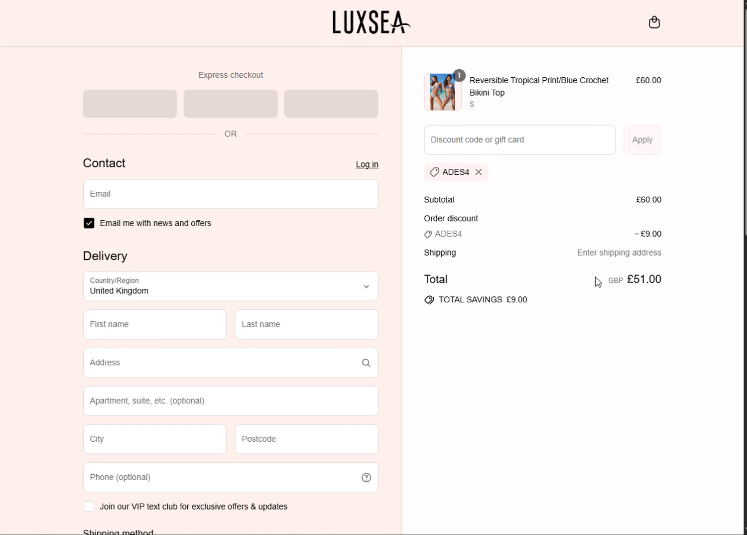 Luxsea Swimwear discount code screenshot showing code ADES4 applied at Luxsea Swimwear checkout page. Uploaded by SimplyCodes community member Yamisukeiro on Jul 28, 2025