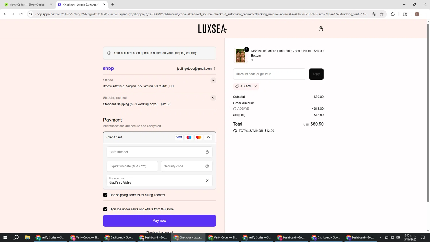 Luxsea Swimwear discount code screenshot showing code addwe applied at Luxsea Swimwear checkout page. Uploaded by SimplyCodes community member BENELLI on Oct 3, 2025