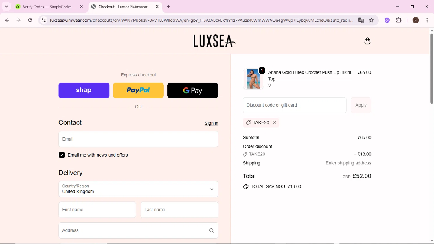 Luxsea Swimwear discount code screenshot showing code TAKE20 applied at Luxsea Swimwear checkout page. Uploaded by SimplyCodes community member BargainShopper1802 on Jan 8, 2026