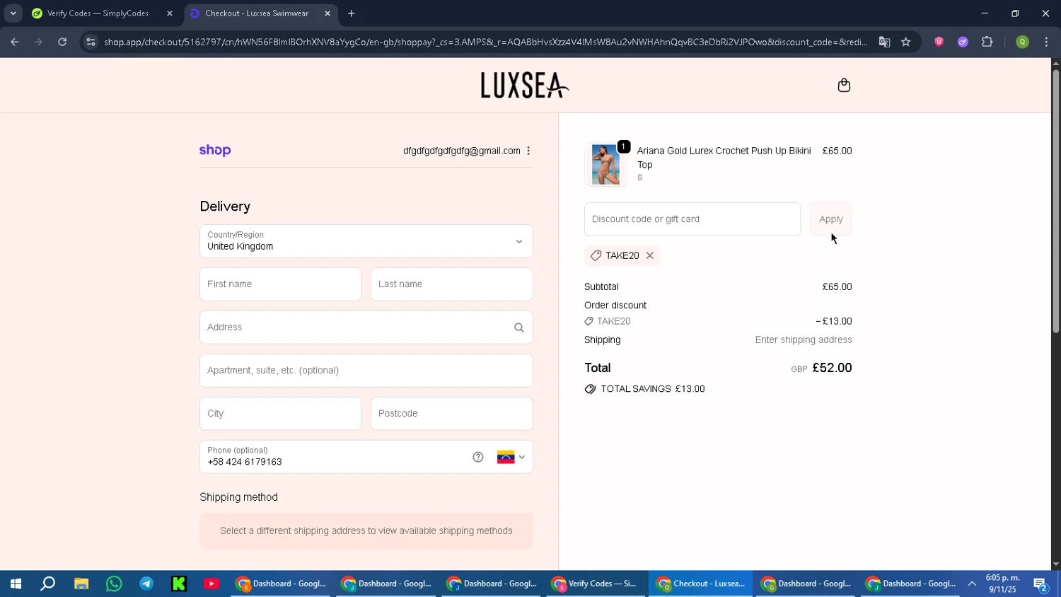 Luxsea Swimwear discount code screenshot showing code TAKE20 applied at Luxsea Swimwear checkout page. Uploaded by SimplyCodes community member Cynoxx on Nov 9, 2025