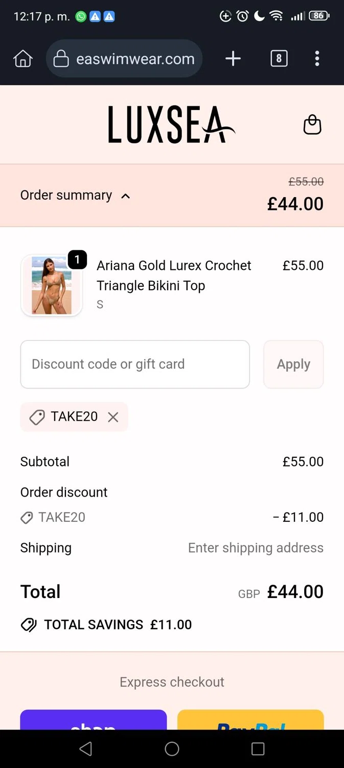 Luxsea Swimwear discount code screenshot showing code TAKE20 applied at Luxsea Swimwear checkout page. Uploaded by SimplyCodes community member Minatonamekaze on Sep 29, 2025
